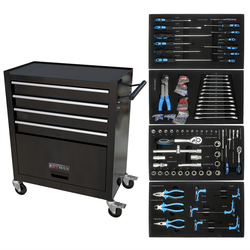 4-Drawer Rolling Tool Box Cart Tool Storage Cabinet Tool Chest w/ Tool Set Black