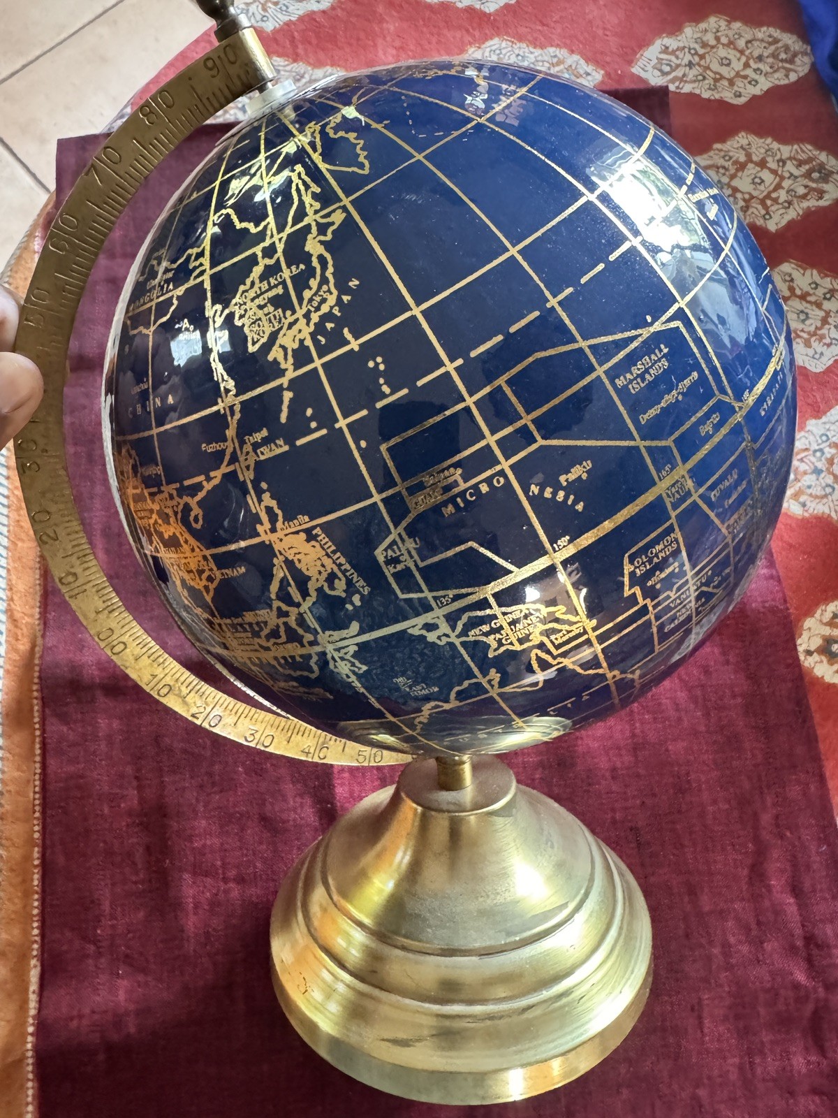 Vintage Blue Lapis Lazuli Coated World Globe 12 “ Brass Pedestal Stand Decor