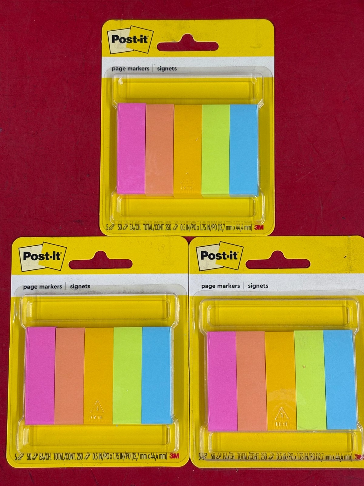 LOT OF (3) 3M POST-IT .5"X1.75" PAGE MARKERS (5) COLORS OF (50) SHEETS EACH