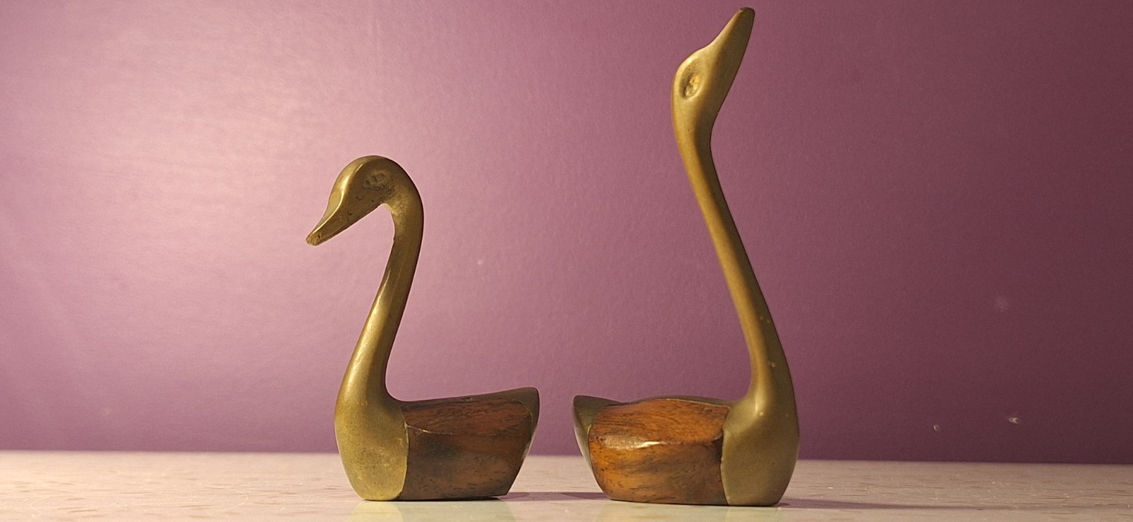 2 x Rare MCM Vintage 1970's Teak Wood Inlay & Brass Decorative Swan Birds Pair