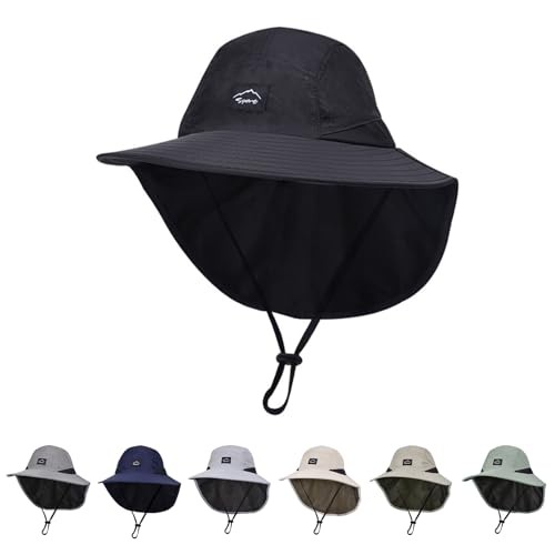Kids Sun Hat with Neck Flap UPF 50+ UV Protection Wide Brim Breathable 1 Black