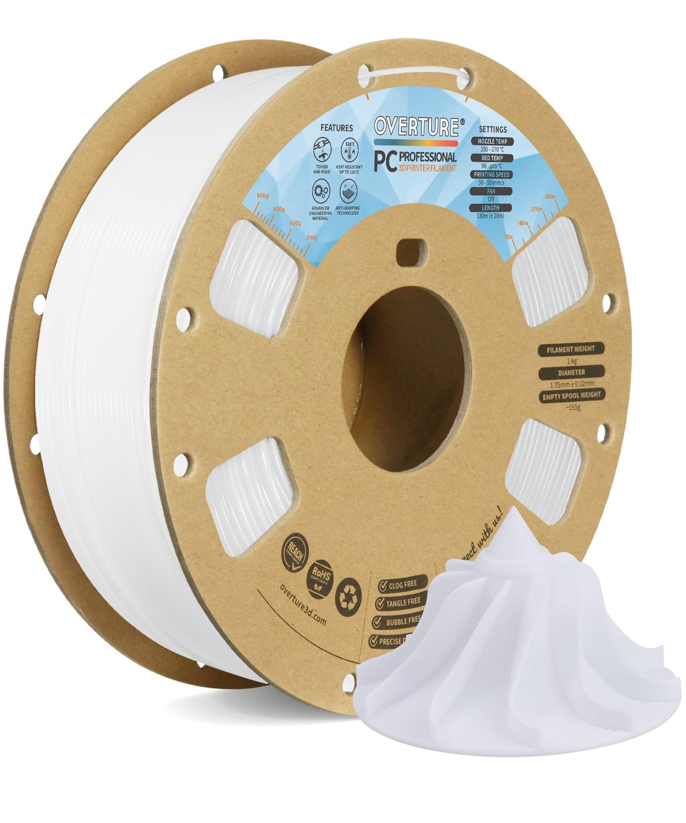 White PC Professional Filament 1.75mm Cardboard Spool 1KG 2.2lbs 1 PC 3D Printer