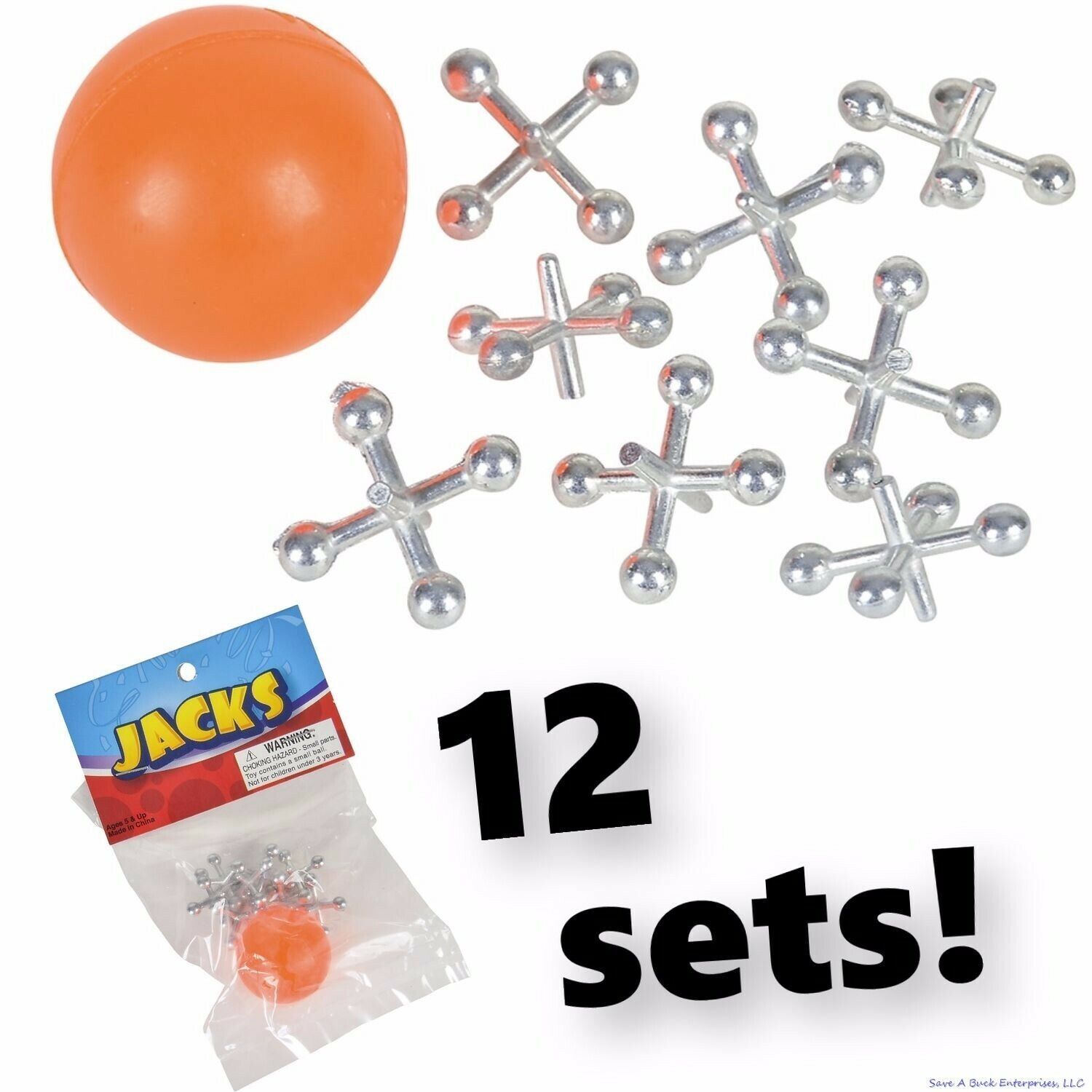 12 SETS OF METAL STEEL JACKS WITH SUPER RED RUBBER BALL GAME CLASSIC TOY KIDS