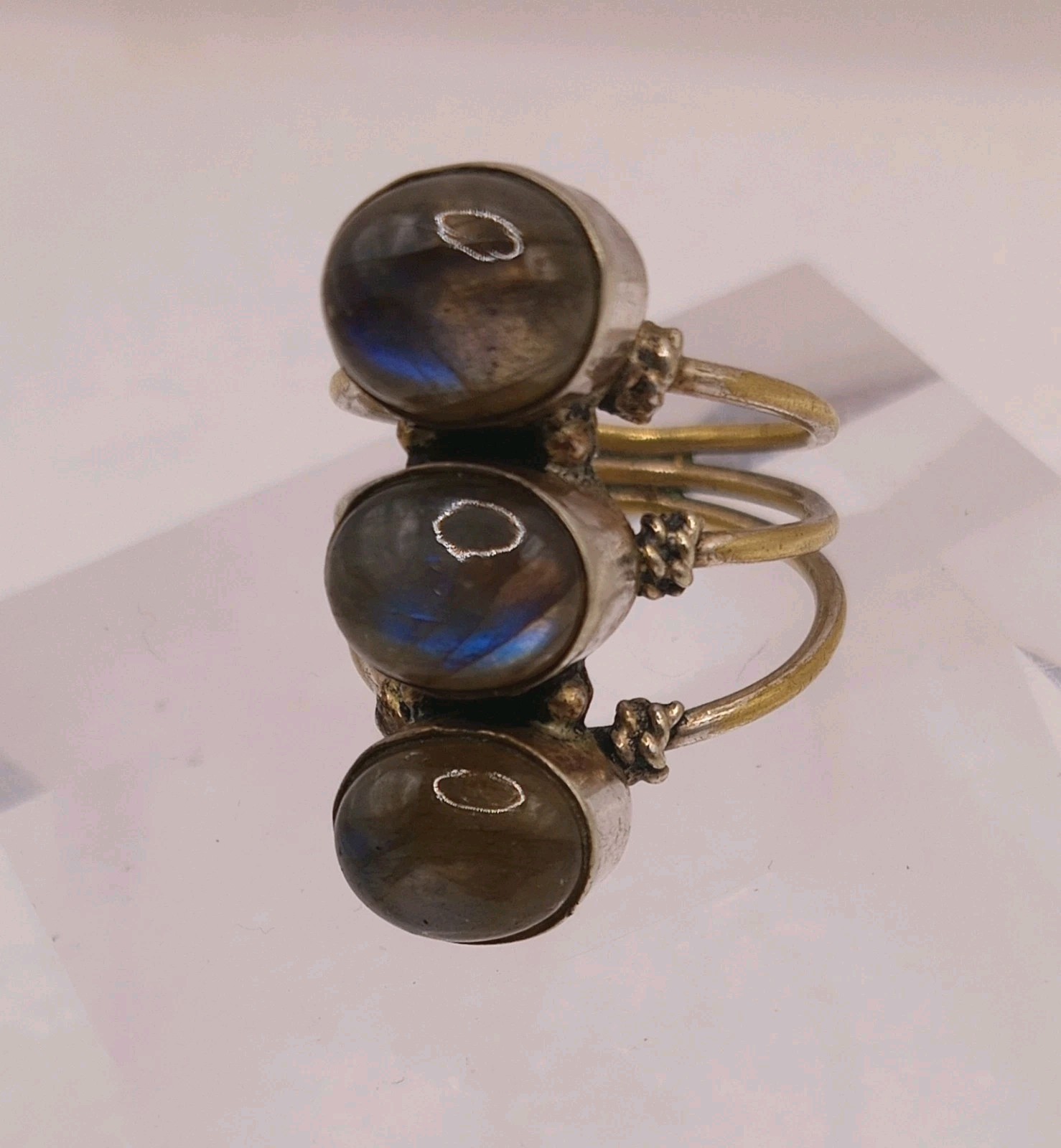 3 Stone Labradorite 3 In One Ring Brass Statement Ring Size 8 Silver Plated
