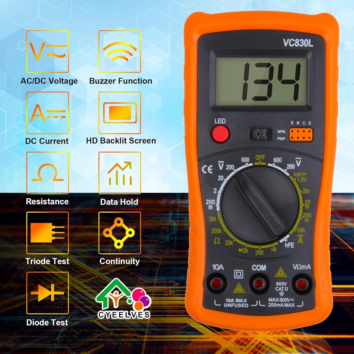 Multifunction Digital Multimeter with Backlit Display for AC/DC Testing