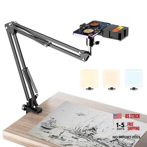 Overhead Phone Mount with Rechargeable Light for iPhone, Desk Tripod with light