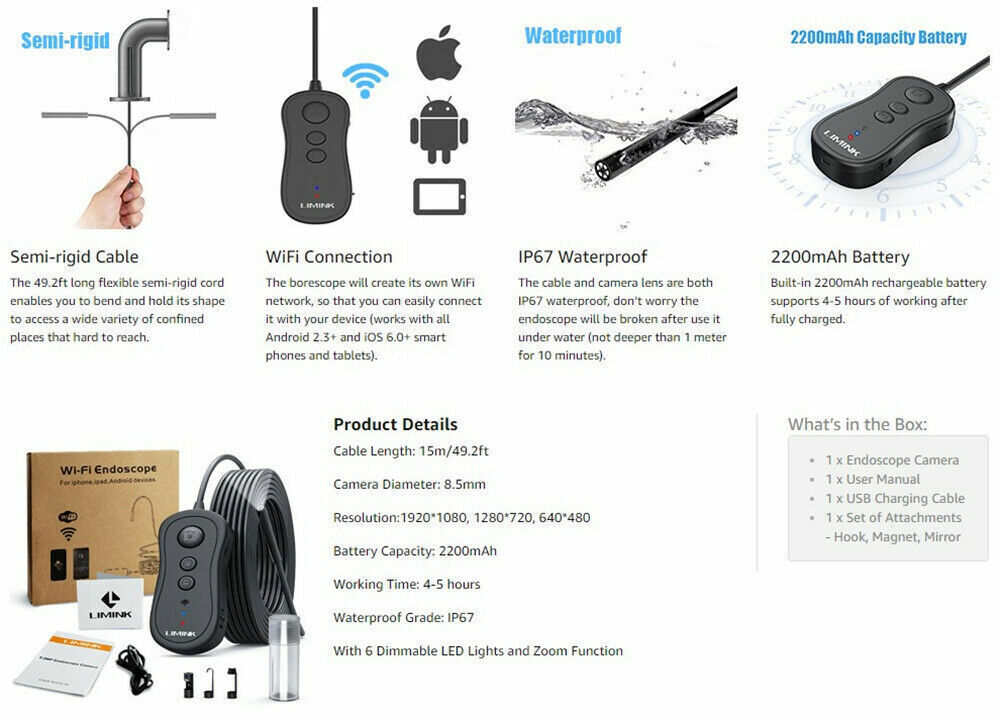 5.5mm Wi-Fi Wireless Endoscope Borescope Semi-rigid Cable Inspection Camera 49ft