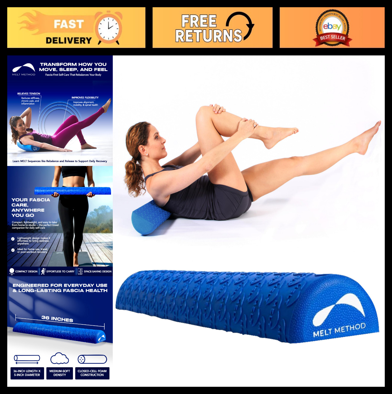 36" Half Foam Roller for Back - Low Density Soft Foam for Therapy & Pilates - Mu
