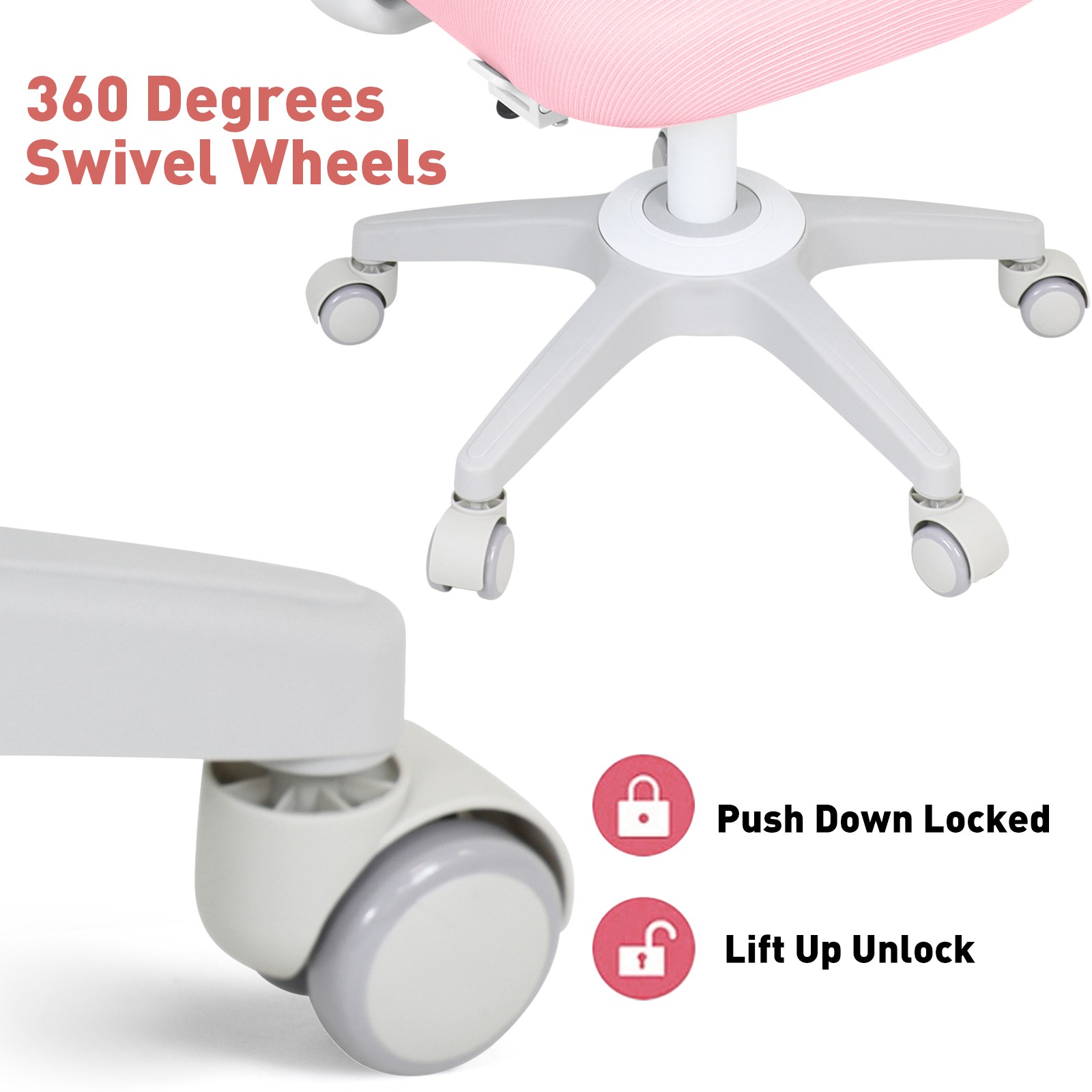 Pink/Gray Kids Study Computer Chairs Back-Following, Sit-Locking, 360° Casters