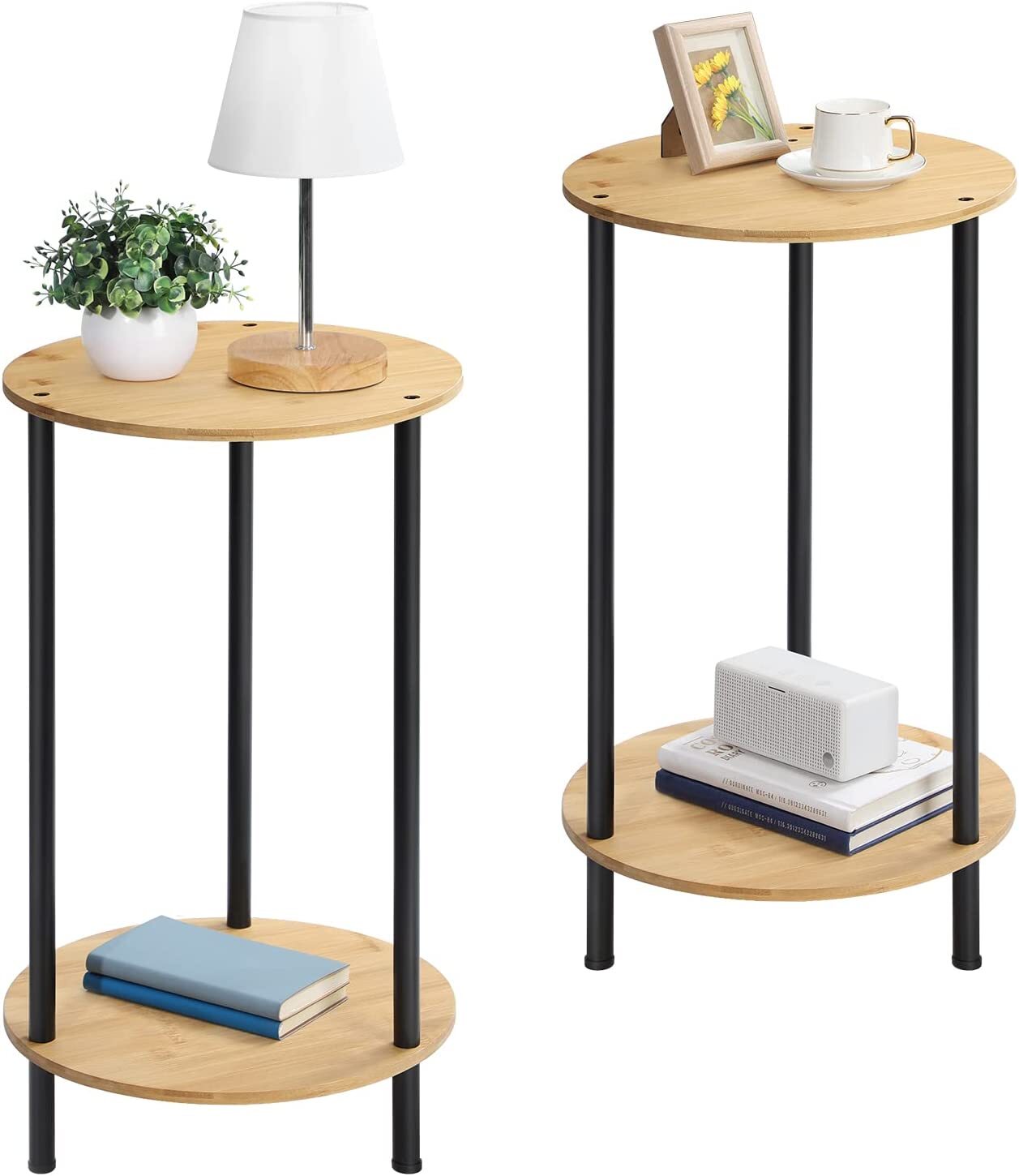Set of 2 Round Table End Side Coffee Table Bedroom Nightstand for Small Spaces