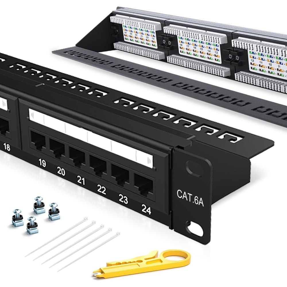 24 Port Cat6A Patch Panel 19 Inch Rack Mount Ethernet RJ45 Punch Down Panel