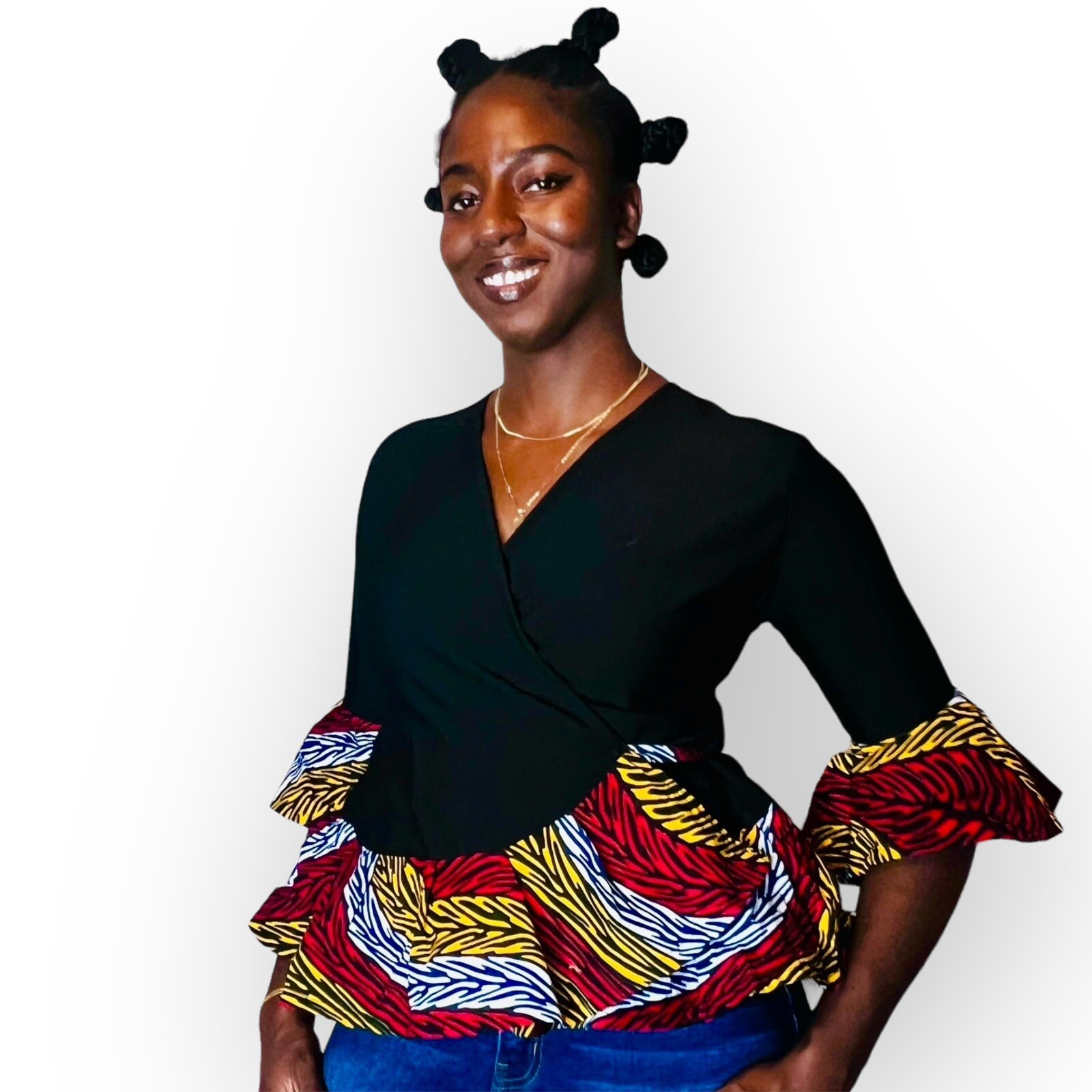 Black Wrapper Blouse with Multicolor Flair Out Boarder & Sleeve