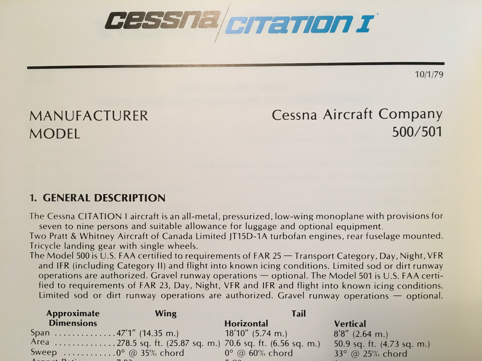 Cessna Citation I Model 500, sn 0550 & On, Specification/Description Booklet