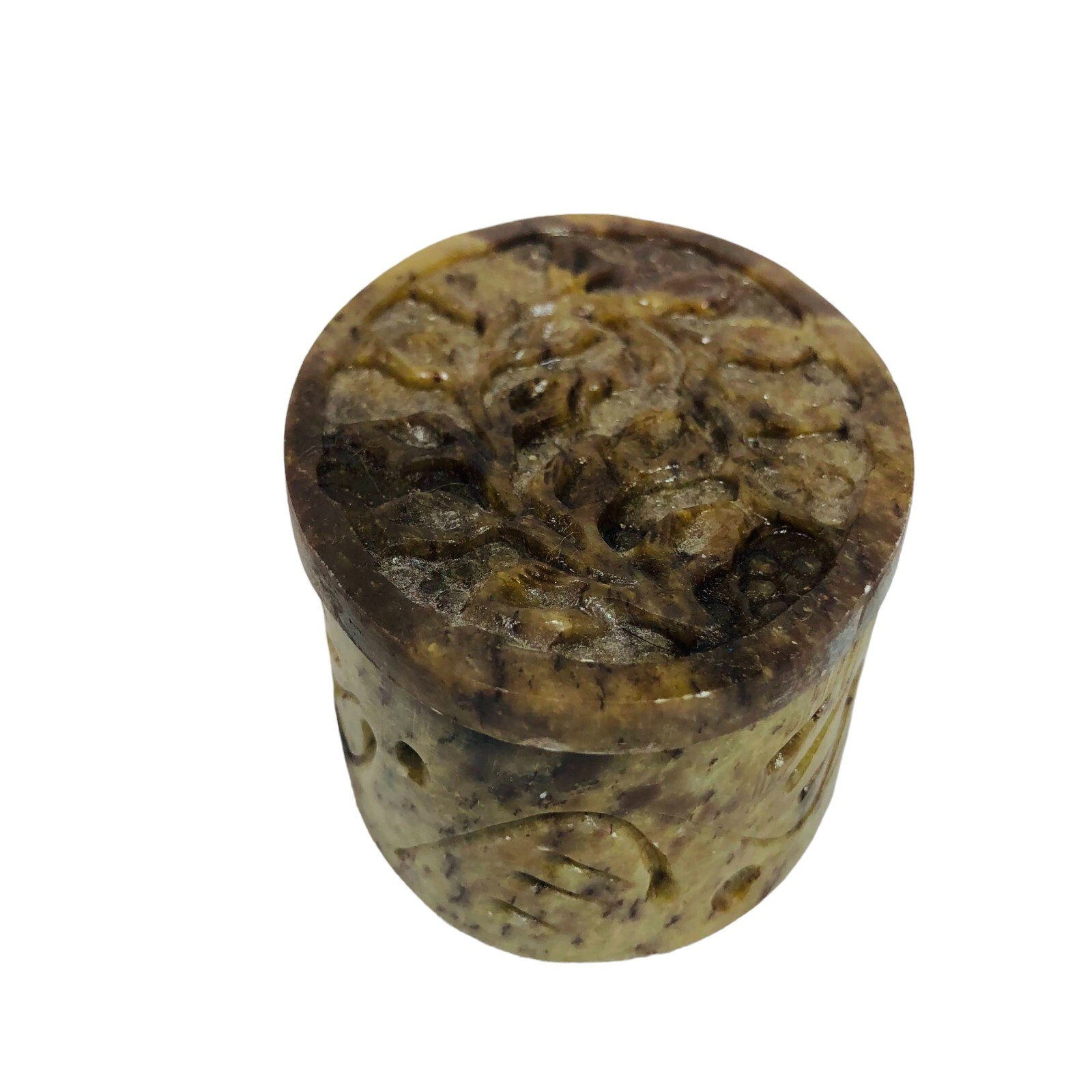 Carved Soapstone Brown Ring Trinket Oval Floral Box Pattern