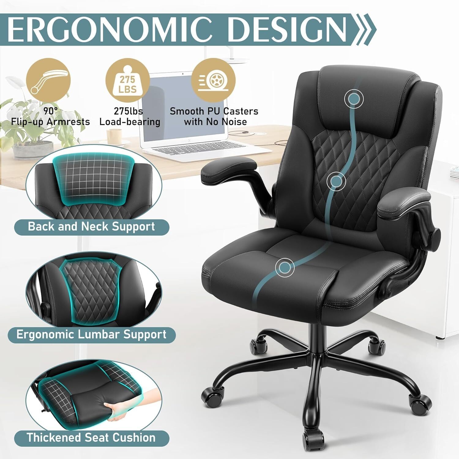 PU Home Computer Desk Chairs W/Ergonomic Back Support Wheels Adjustable Armrests