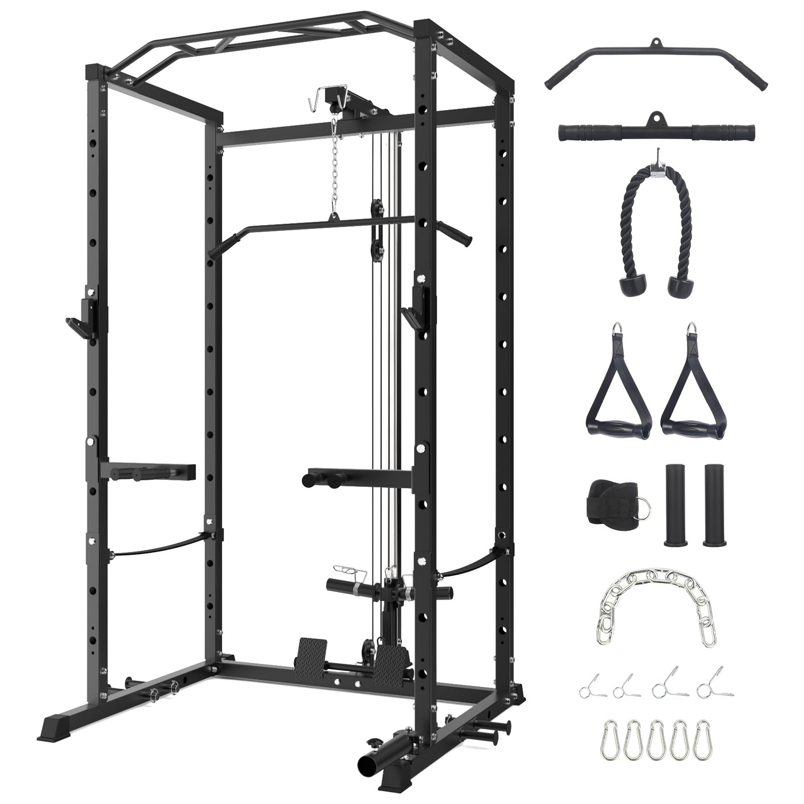 Multi-Functional Power Rack LAT Pulldown Cable System J-Hooks Dip Bars Landmine