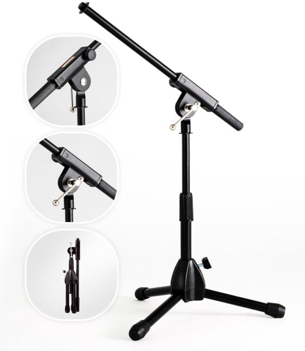 Soporte Micrófono Trípode Plegable Bajo Ajustable con Brazo Telescópico Negro