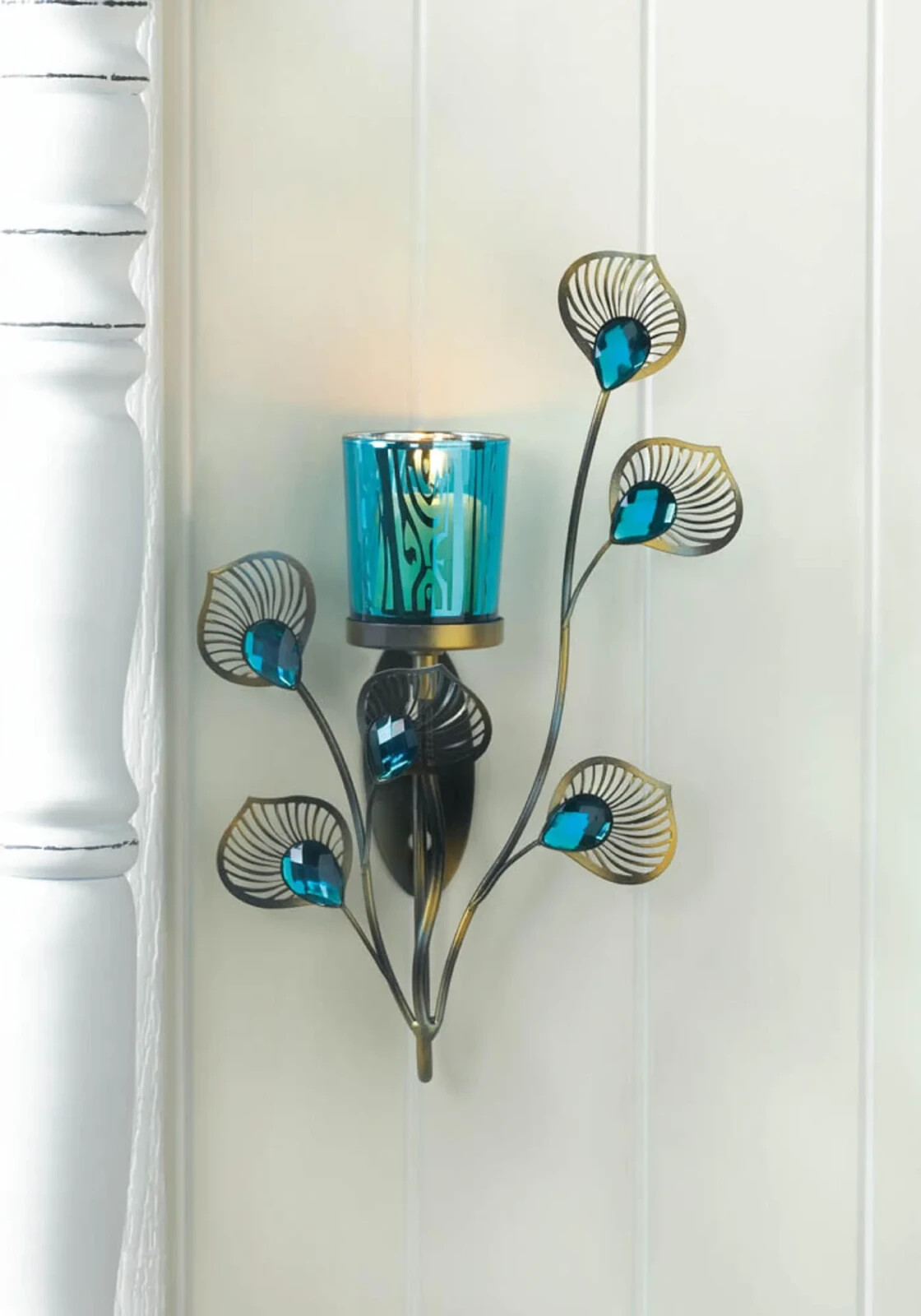 Blue Iron and Glass Peacock Plume Wall Sconce Decorative decor