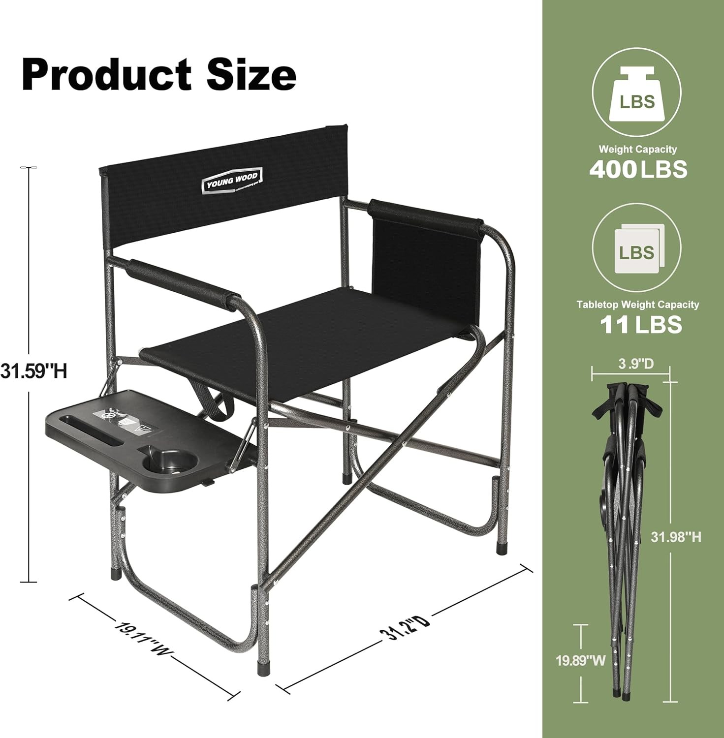 Camping Directors Chair Lightweight Oversized Portable Folding Chair W/ Side