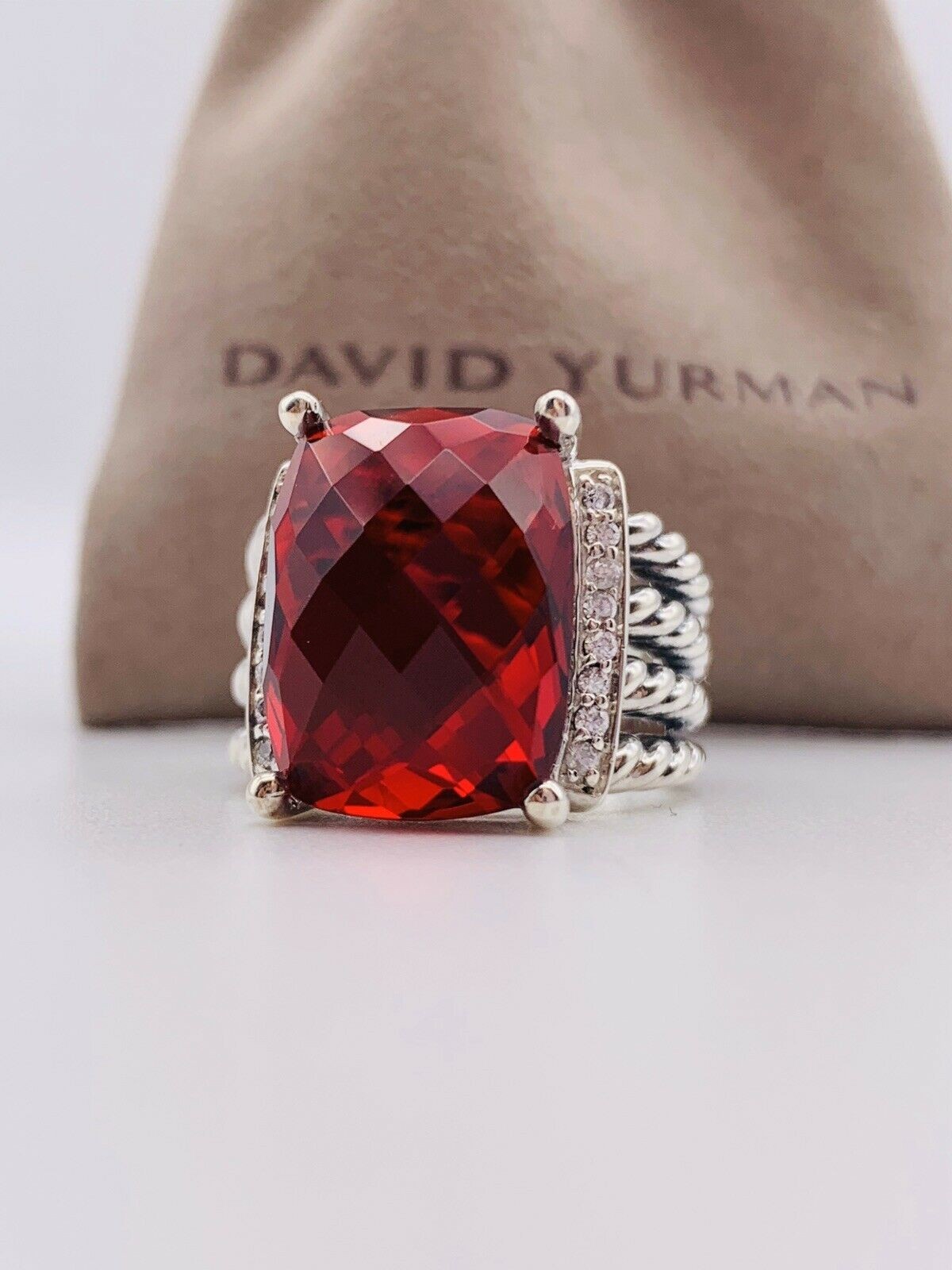 David Yurman Sterling Silver Wheaton Ring 16x12mm Garnet and Diamonds Size 8