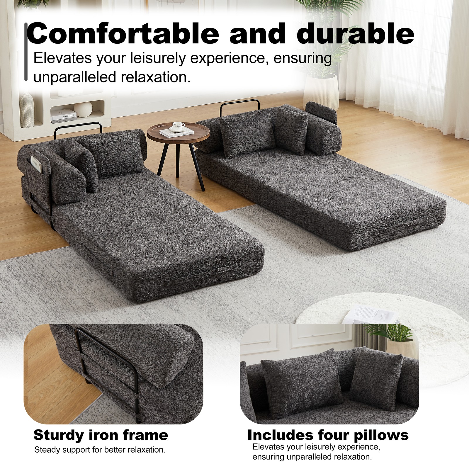 78.7" Convertible Sleeper Sofa Bed w/Cylindrical Pillow, Folding Sofa Bed Grey