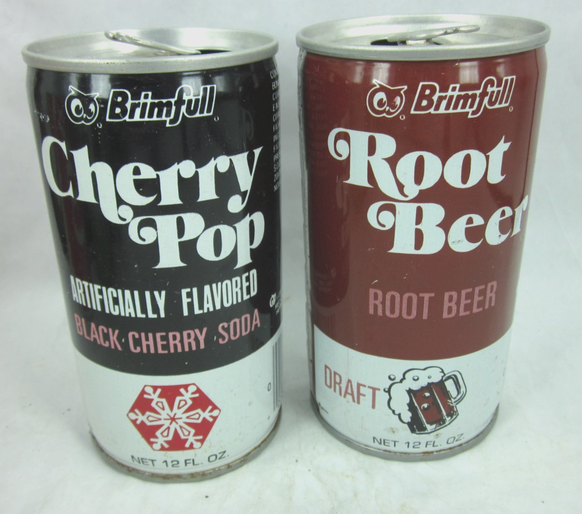 2 Brimfull Soda cans Black Cherry Cola Pop & Draft Root Beer Red Owl Hopkins MN