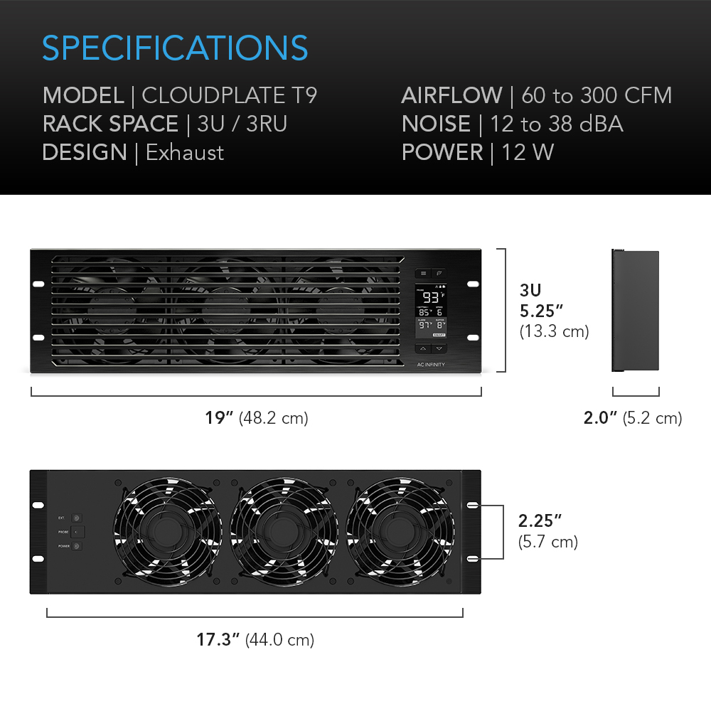 CLOUDPLATE T9, Rack Mount Cooling Fan Panel 3U Exhaust, AV Equipment 19" Rack