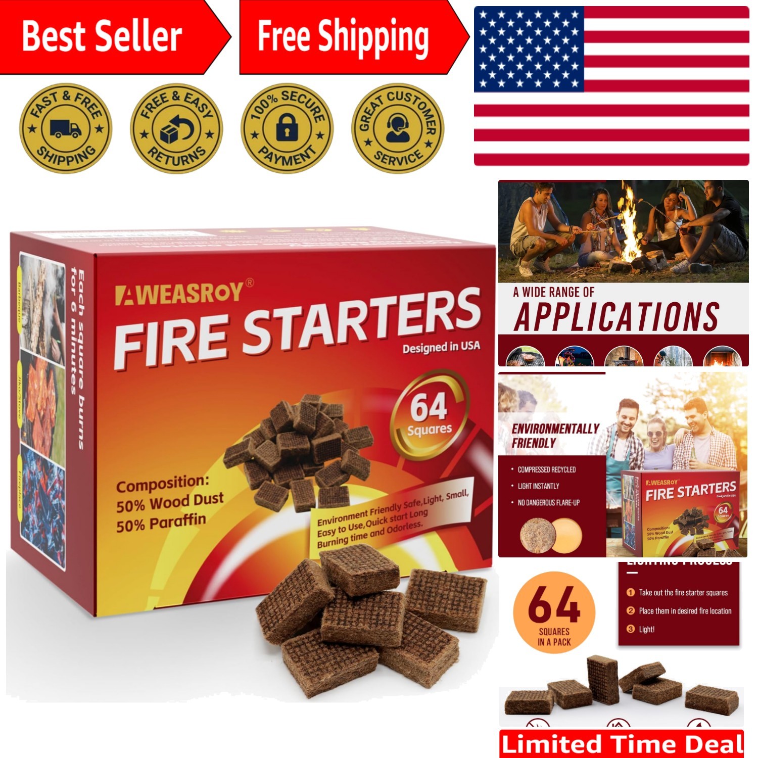 Long-Lasting Fire Starter Squares - 64 Eco-Friendly Cubes for BBQ & Fireplaces