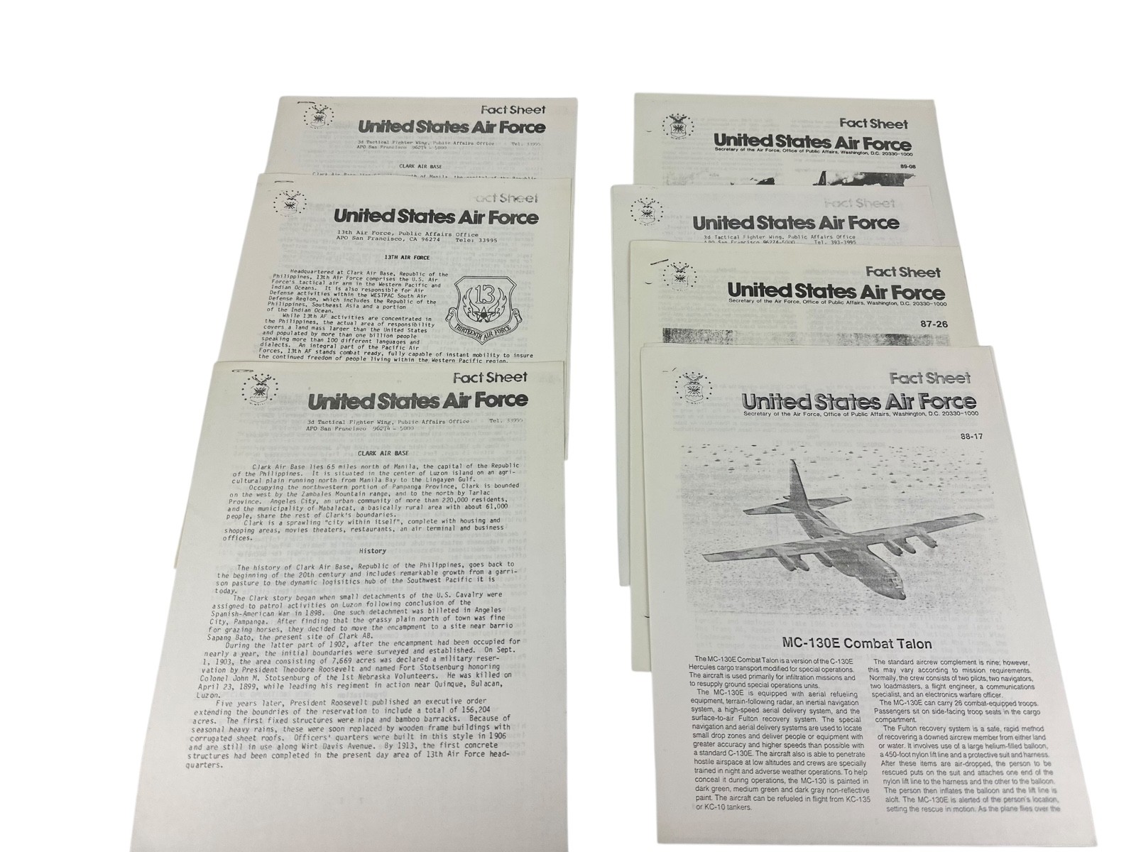 United States Air Force Fact Sheet Lot of 8- 1980's