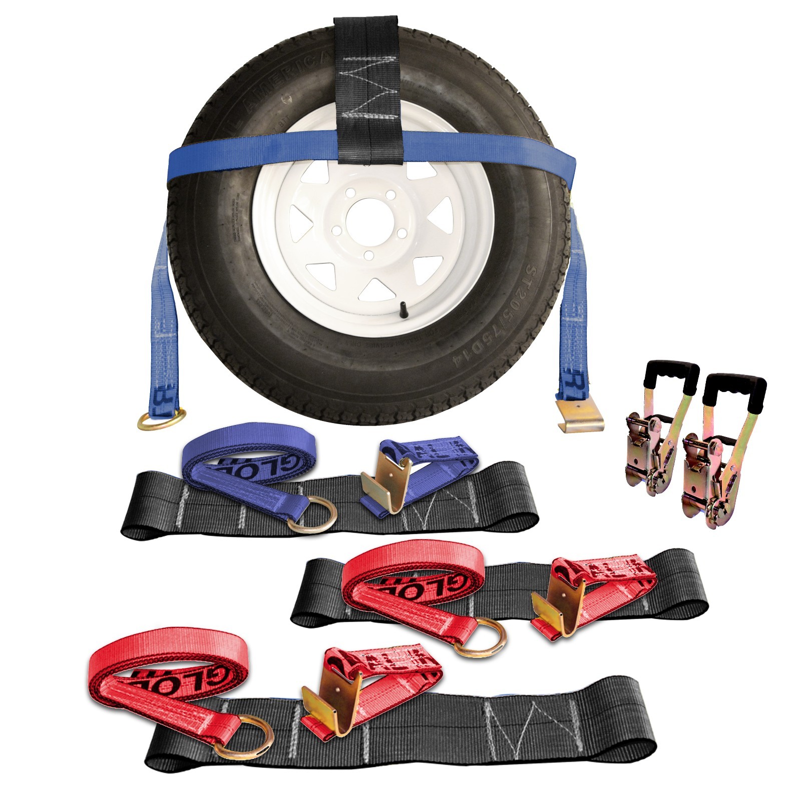 4 pack Tow Dolly Combo Kit Tie Down Rubber Ratchets Reg & XL Size Flatbed Wheel