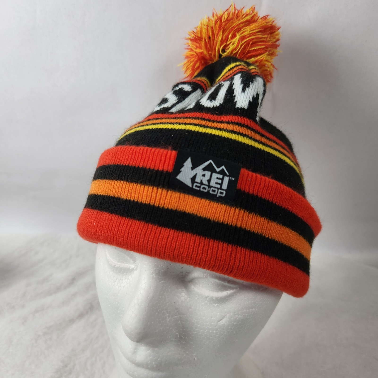 REI Co-op Unisex Beanie PRAY FOR SNOW Knit Winter Hat Orange Red Yellow Black