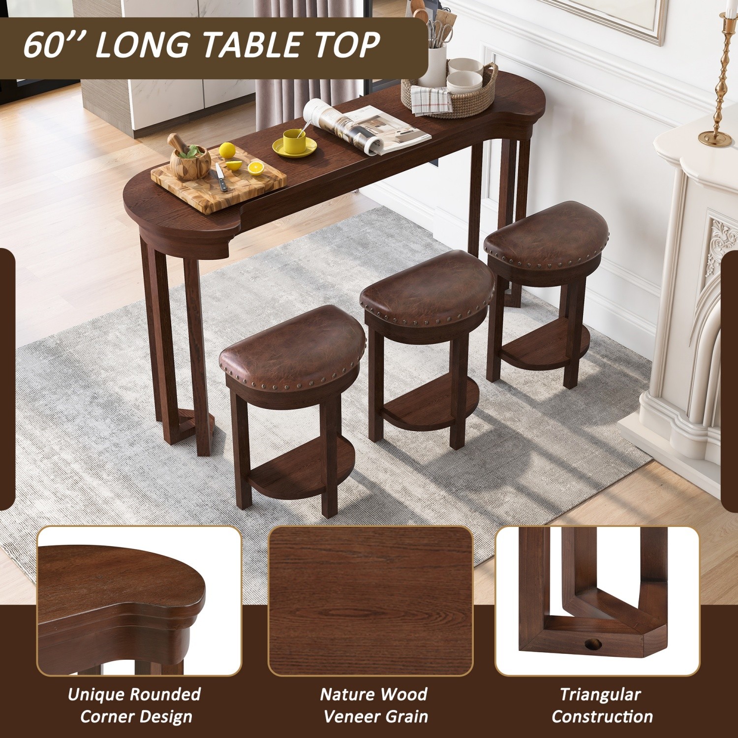 4 Piece Set Counter Height Bar Table & 3 PU Padded Solid Wood Stools Espresso