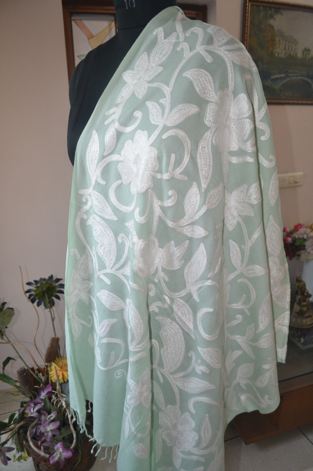 SEA GREEN KASHMIRI CREWEL EMBROIDERED PASHMINA SHAWL~100% CASHMERE~4 DESIGN