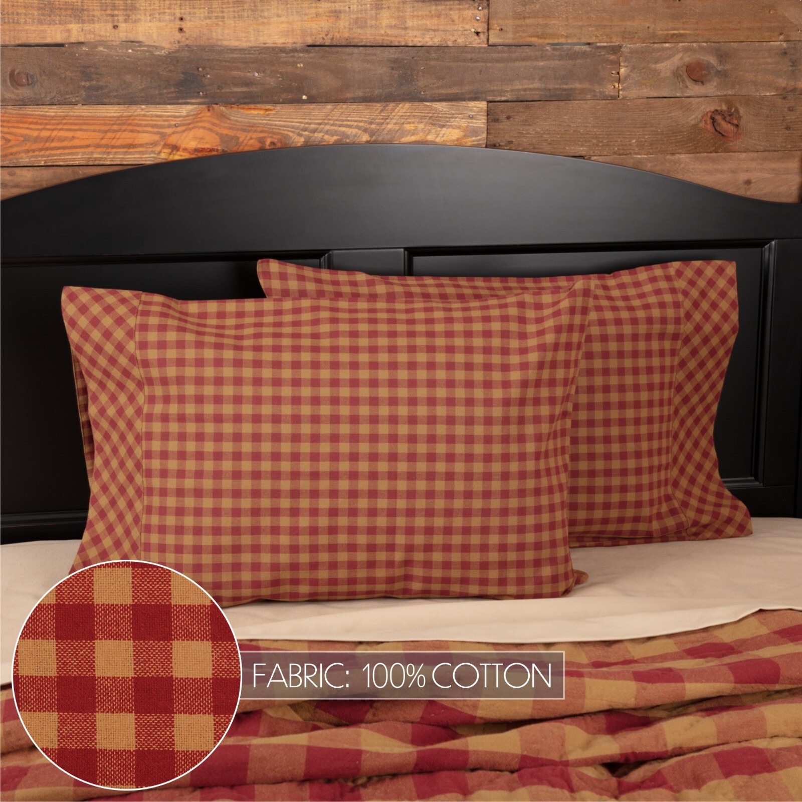 Burgundy Check Standard Pillow Case Set of 2 21x30 VHC Country Farmhouse Khaki
