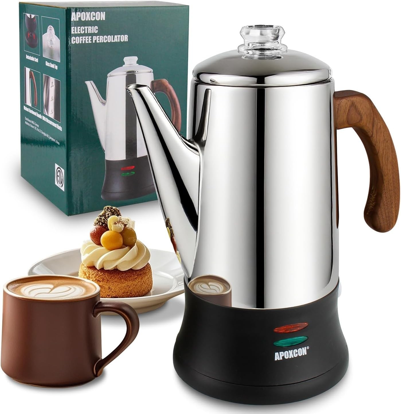 Electric Coffee Percolator Stainless Steel Coffee Pot with Two Tough Glass Cl...