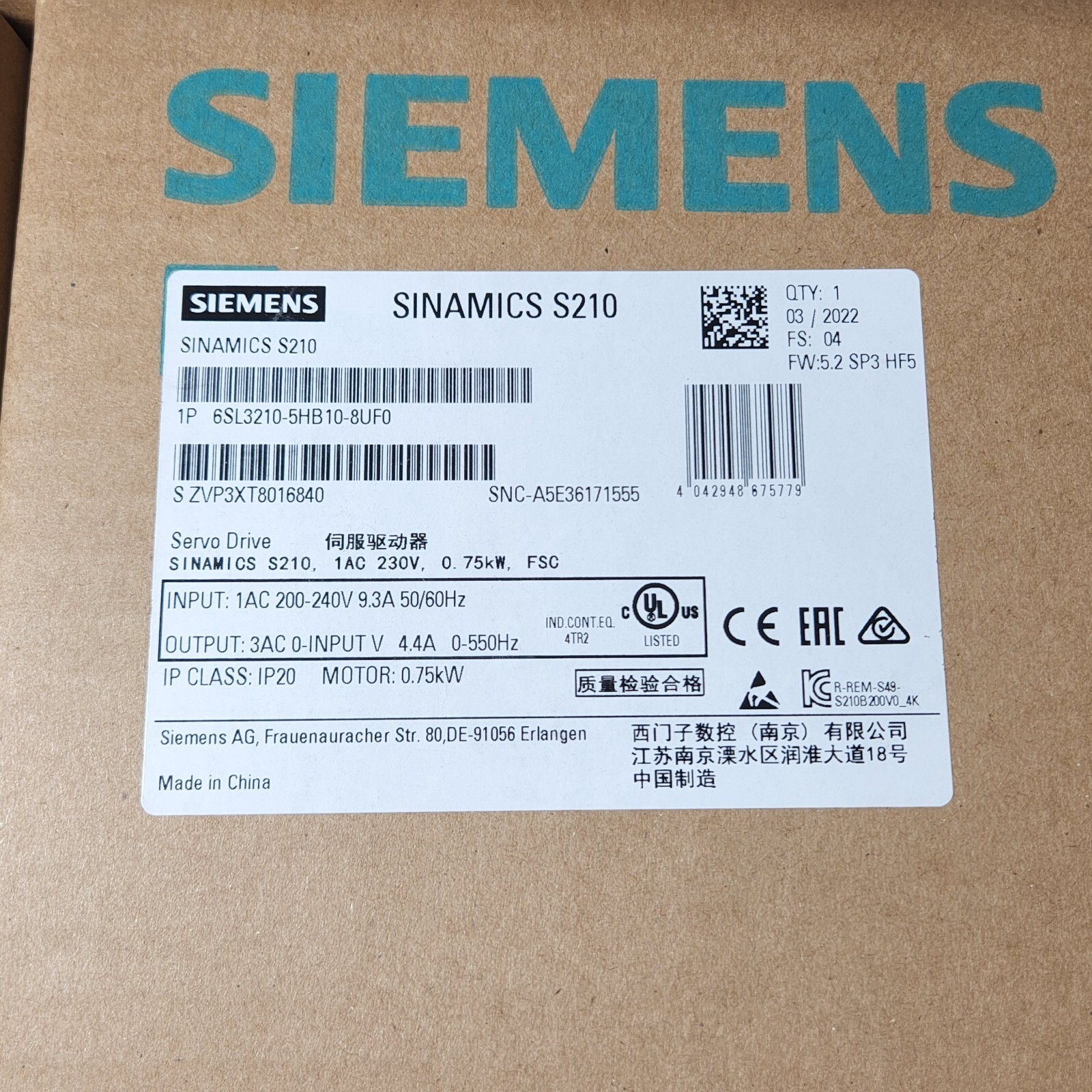 New Siemens 6SL3210-5HB10-8UF0 Free Shipping New in Box New Factory Sealed PLC