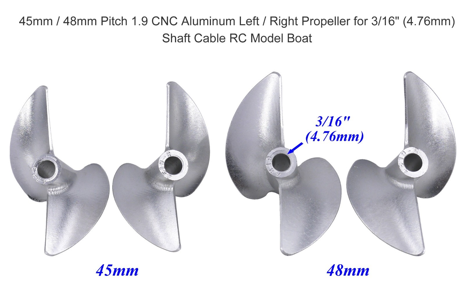 4519 4819 Pitch 1.9 CNC Aluminum Left Right Propeller for 3/16" Shaft RC Boat
