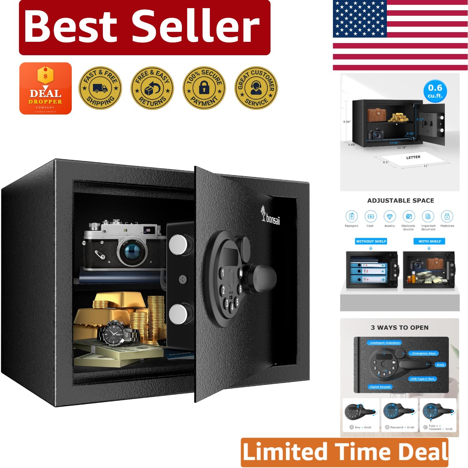 Secure 0.6 Cubic Feet Electronic Keypad Safe Box with Removable Shelf - Black
