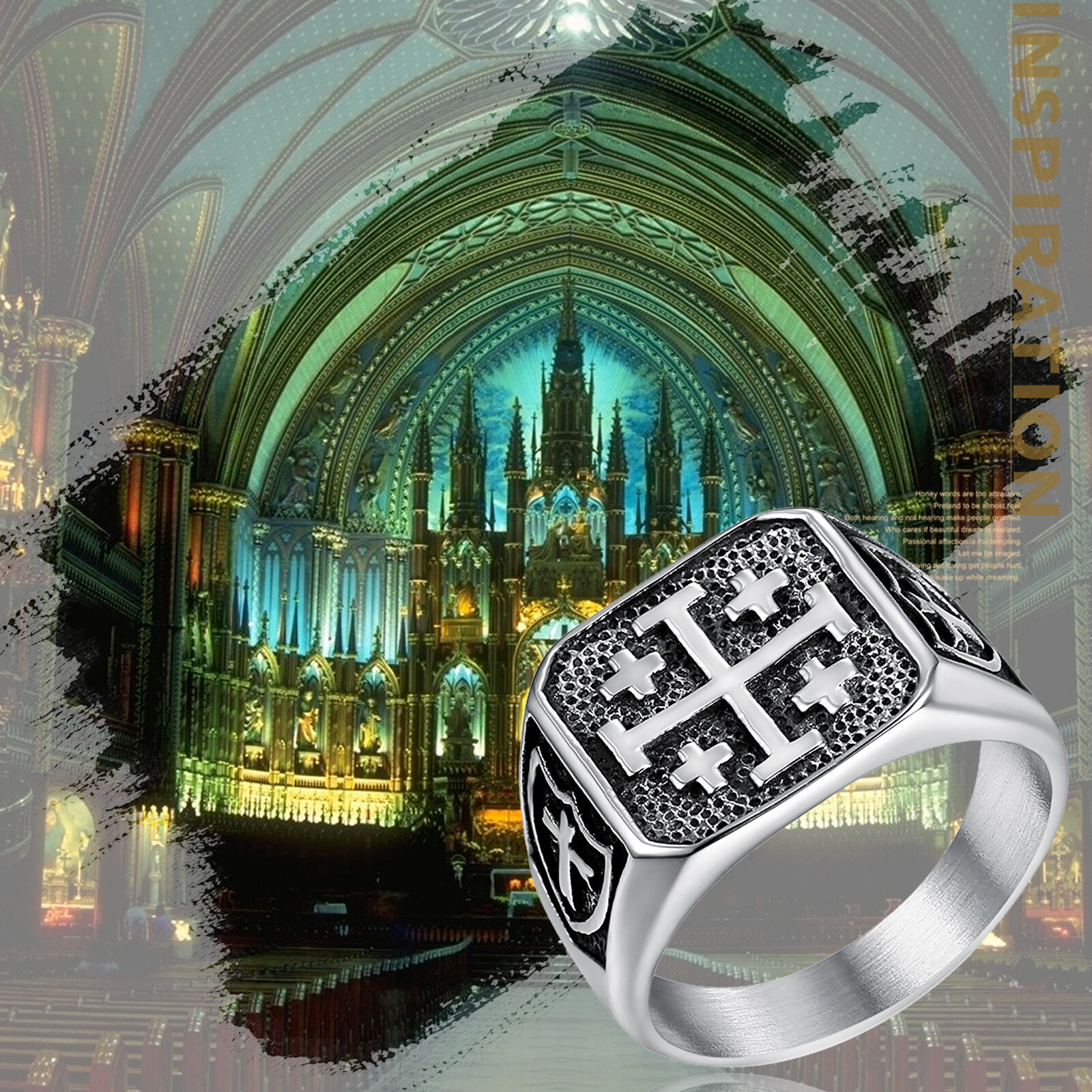 Men's Retro Stainless Steel Jerusalem Cross Signet Ring Size 8-13 Religious Gift