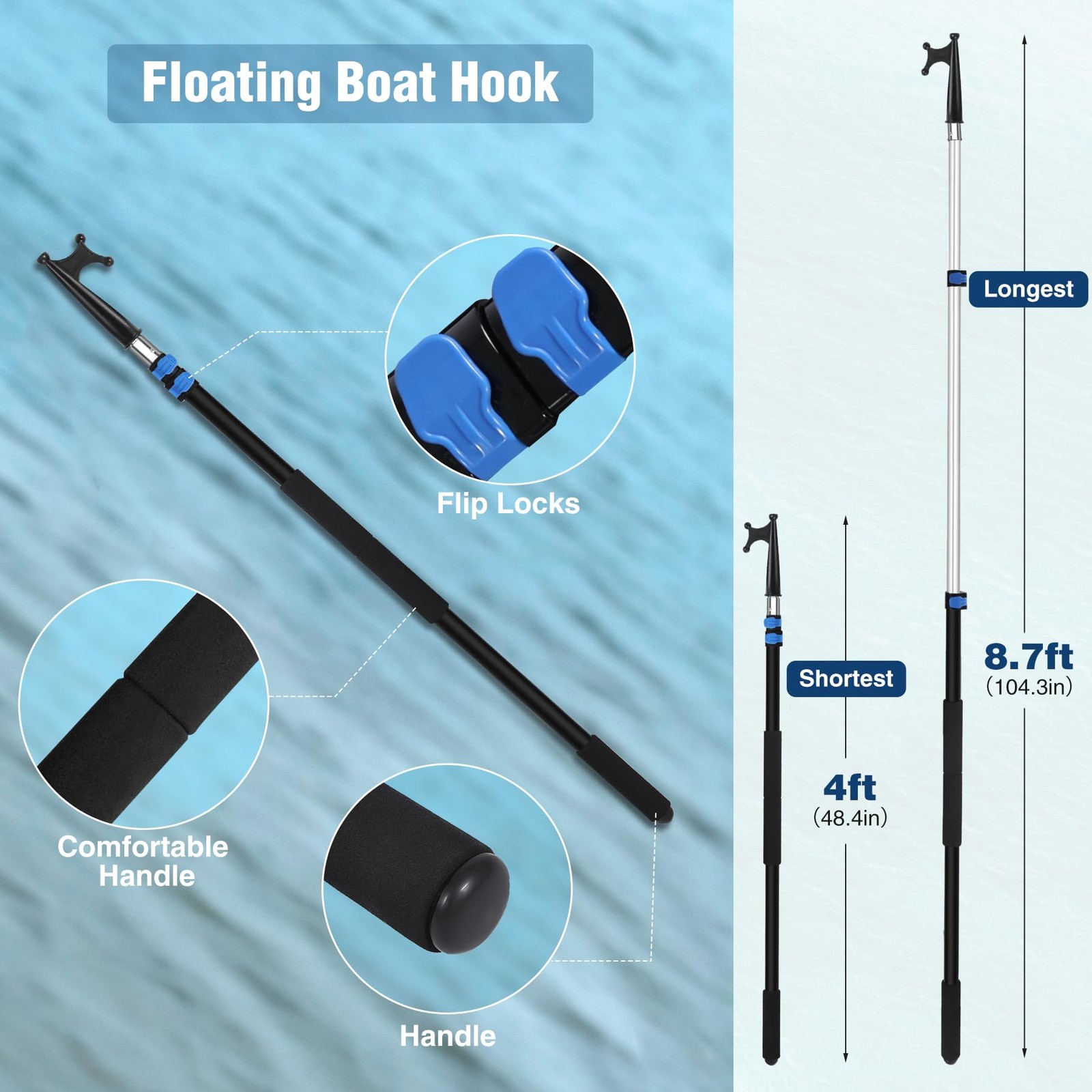 Lineslife Boat Hook: 4-8ft Telescoping Pole, Floating, Sturdy, Rust-Resistant