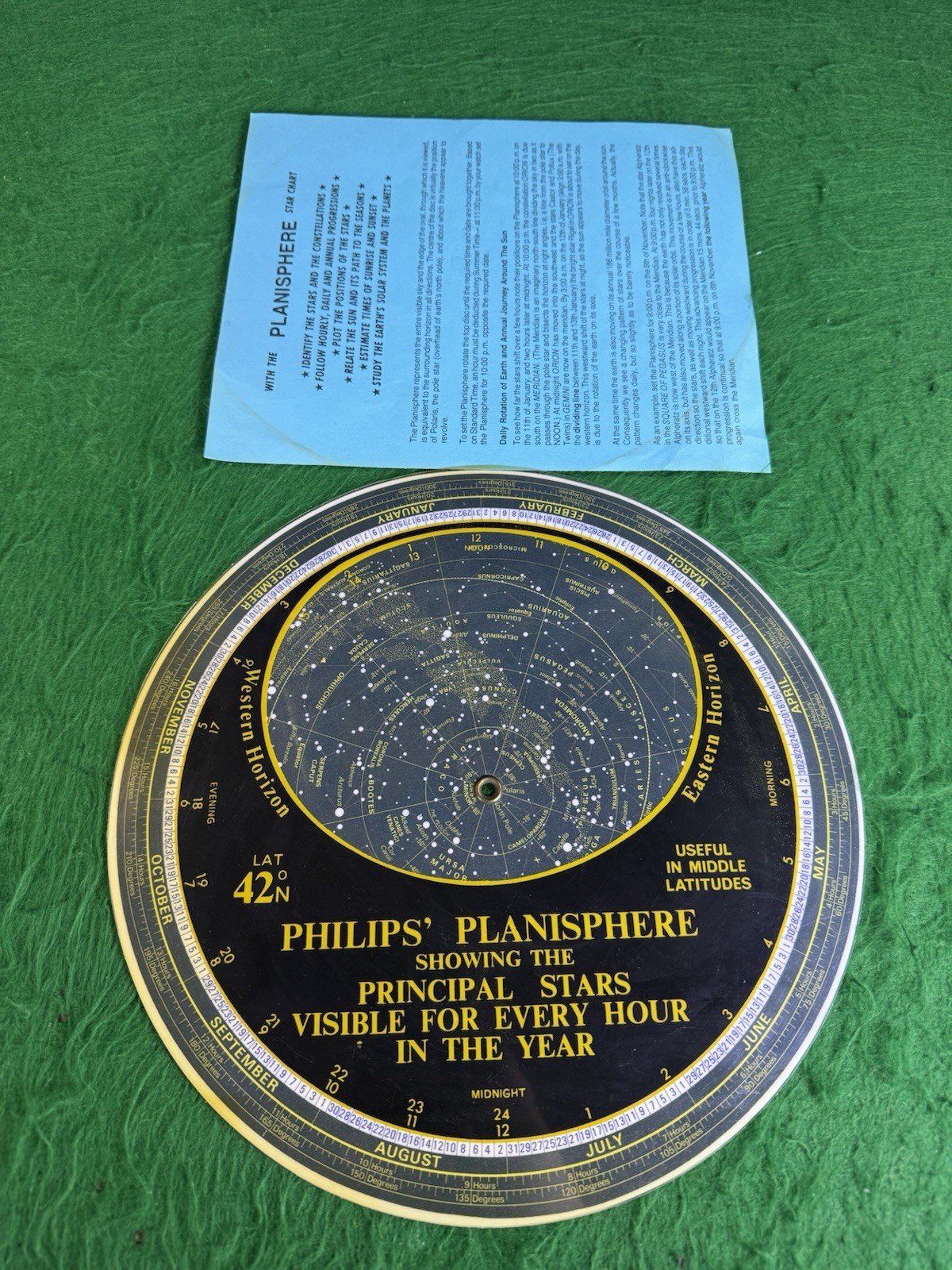 VTG 1980 Philips’ Planisphere Star Chart 42°N Astronomy Map w/manual UK Made 10”