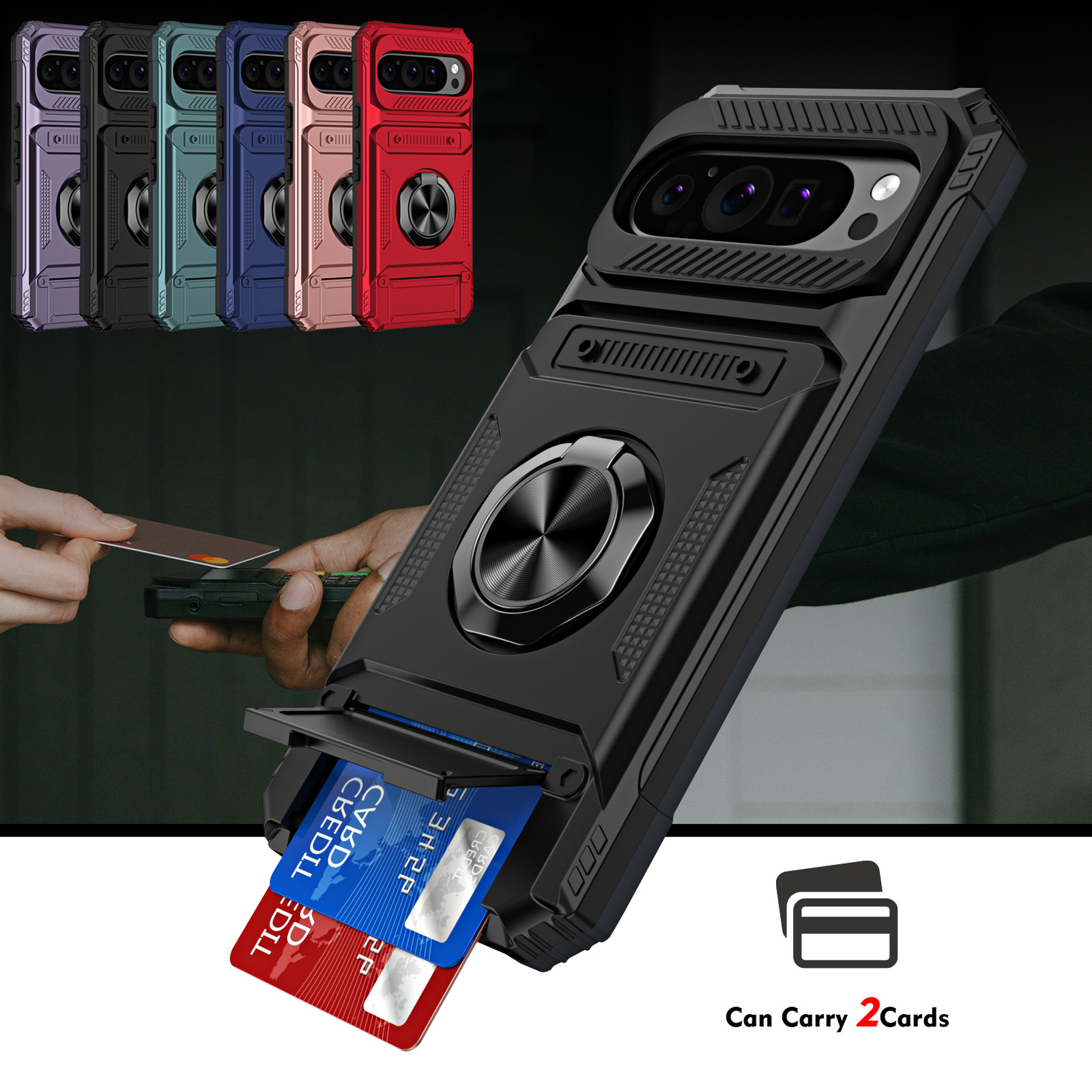 For Google Pixel 9 Pro XL / 9 Pro Case Shockproof Rubber Stand Card Wallet Cover