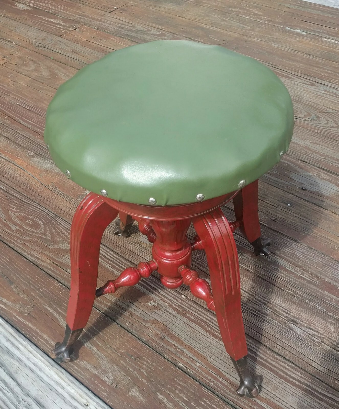 Red Green Piano Stool Seat Chair Glass Ball Claw Foot Swivel Wood Victorian Prop