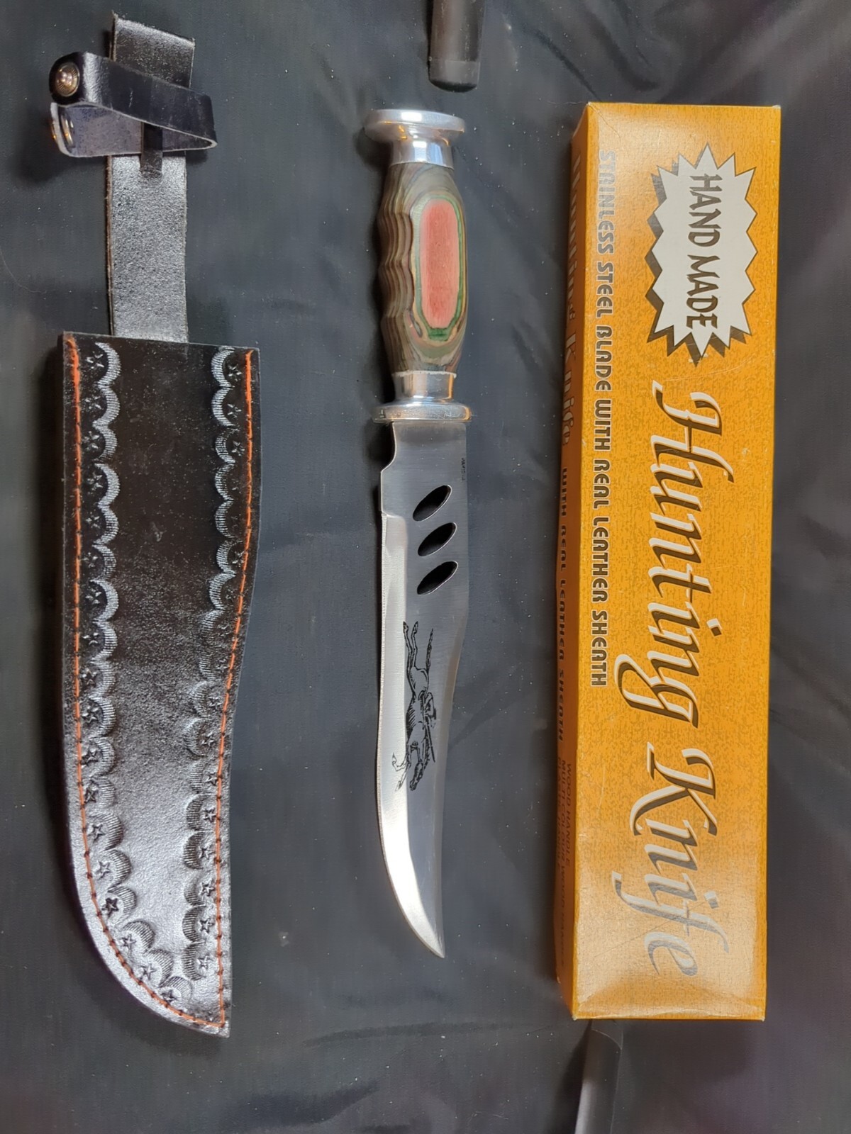 Fixed 9.5" Blade Hunting Knife MultiColor Wood Handle Sheath 14.5" Unique Vtg