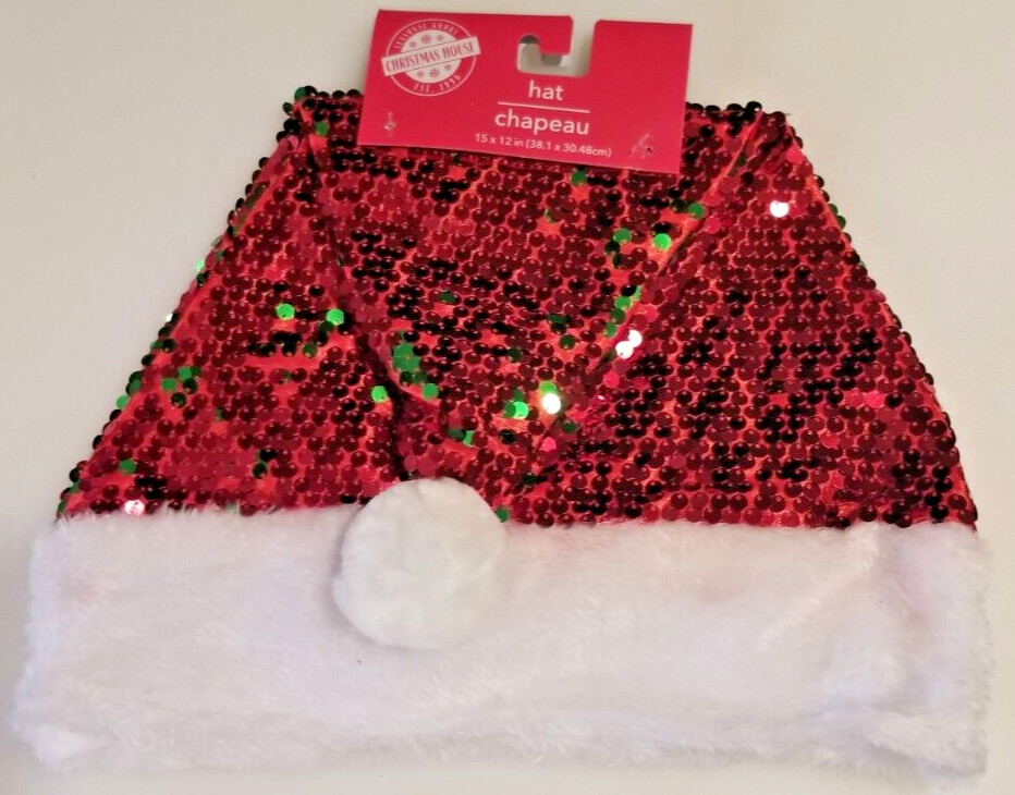 Sequin Santa Hat Cap Sparkle Shine Red + Green Accents Plush Edge Adult Unisex