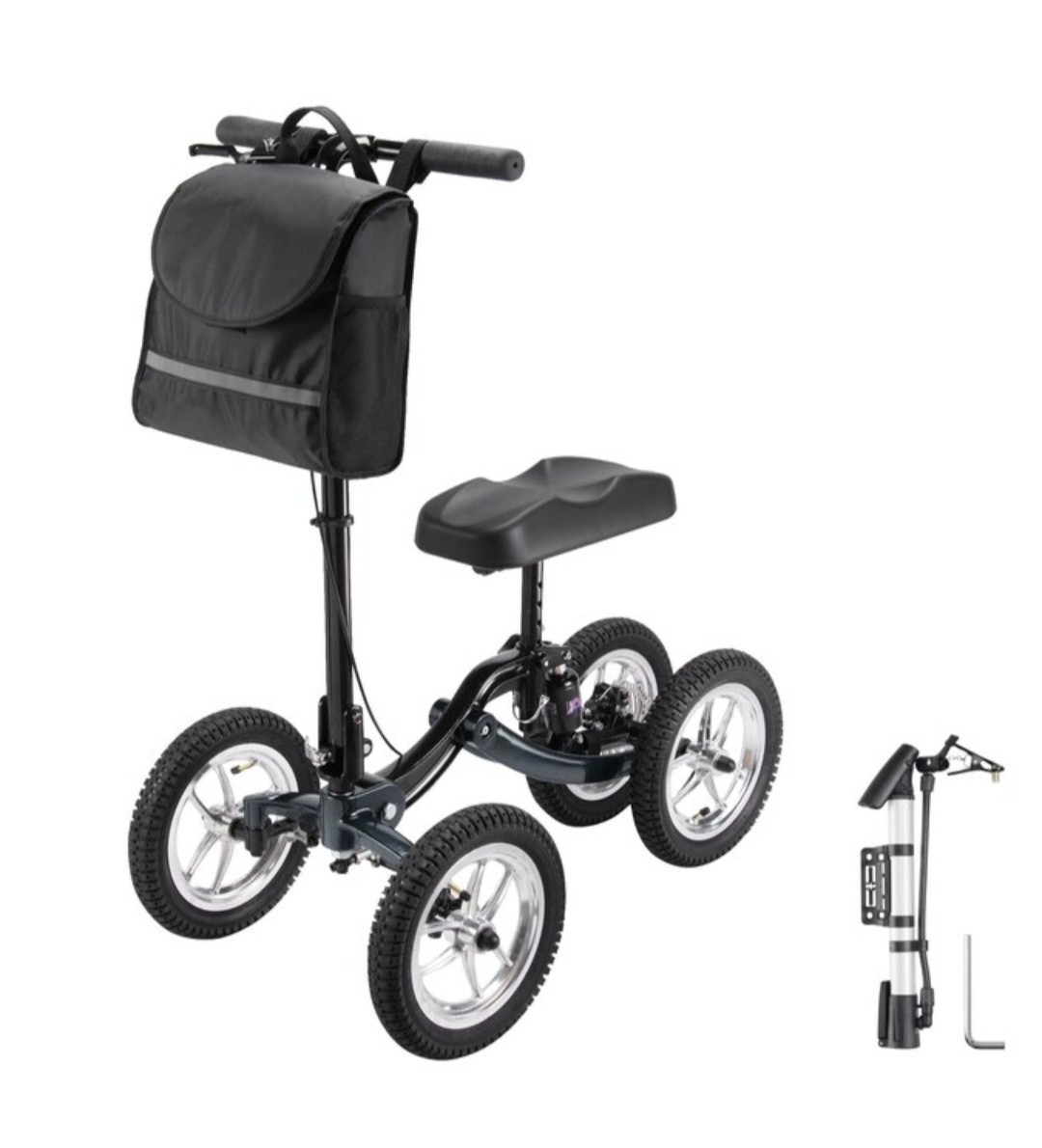 Knee Scooter Medical Walker, Steerable Disc Brakes and Bag. All Terrain Foldable
