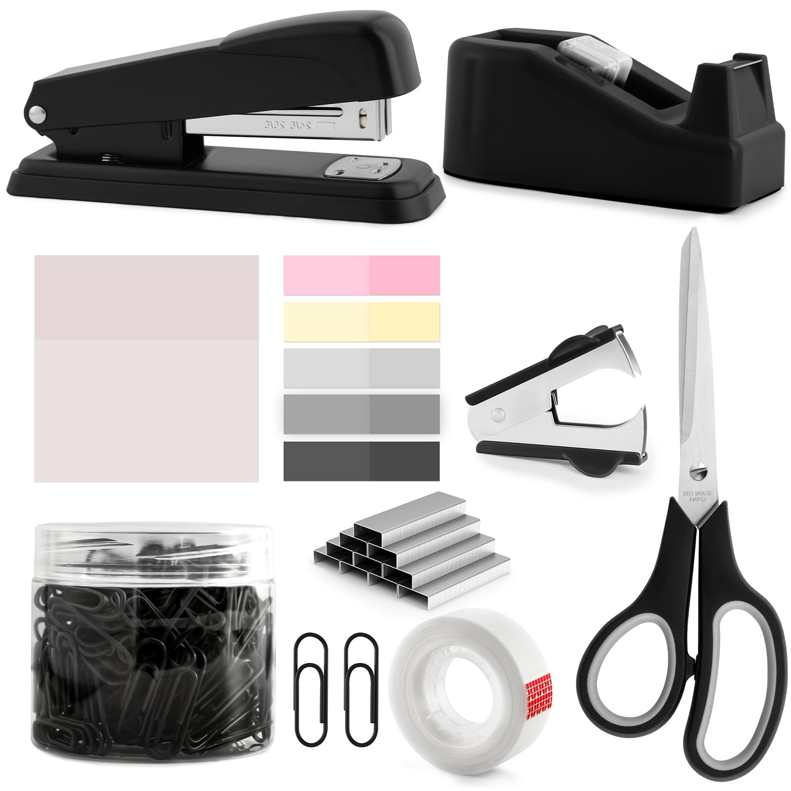 Black Office Supplies for Kids, Black Desk Accessories, Stapler and Tape Disp...