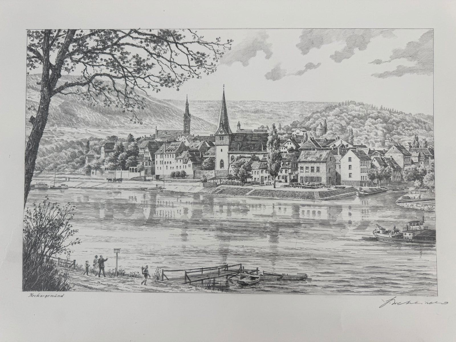 * HEINZ WEHLISCH DRAWING NECKARGEMÜND SIGNED