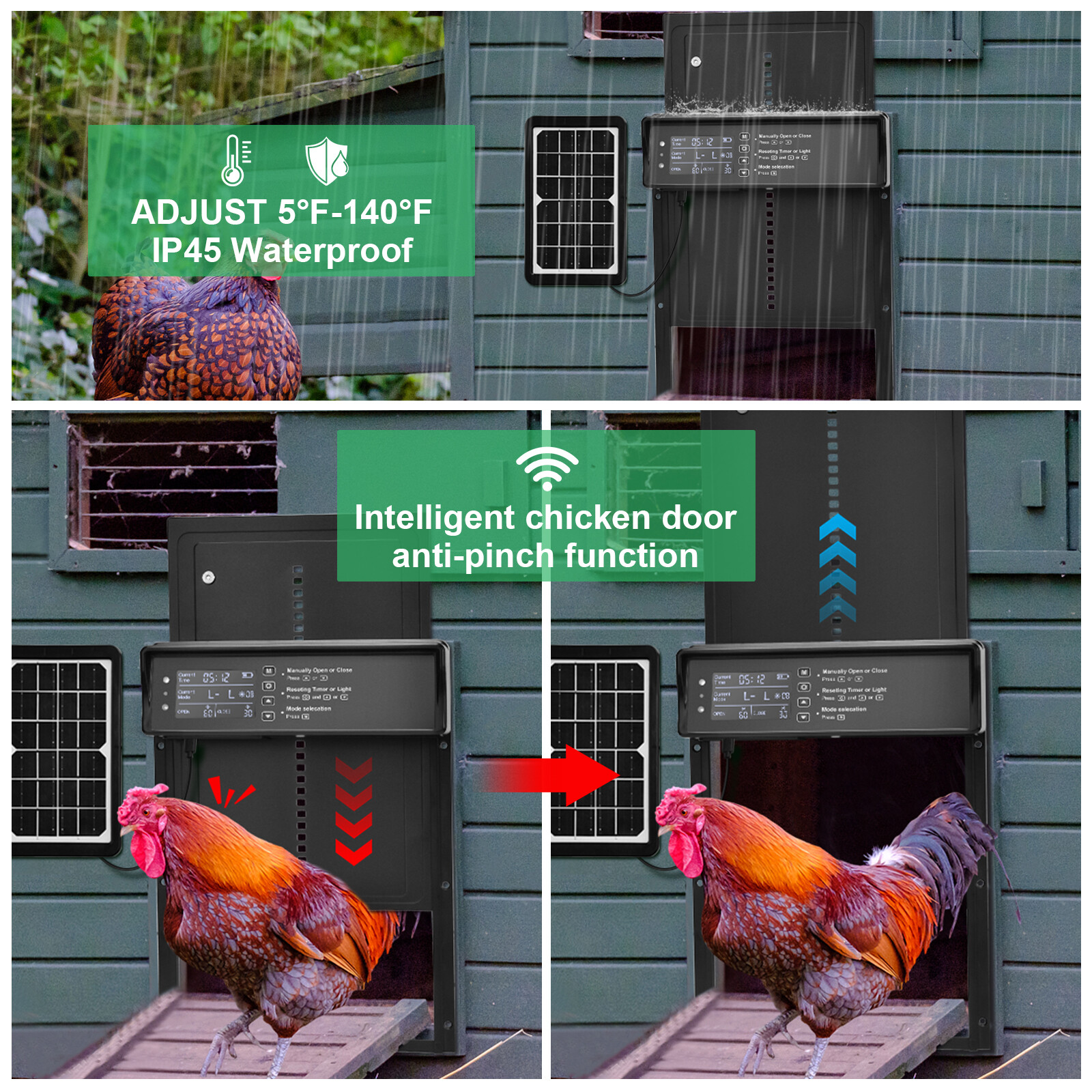 Automatic Chicken Coop Door Solar Powered Poultry Gate w/ Light Sensor/ Timer