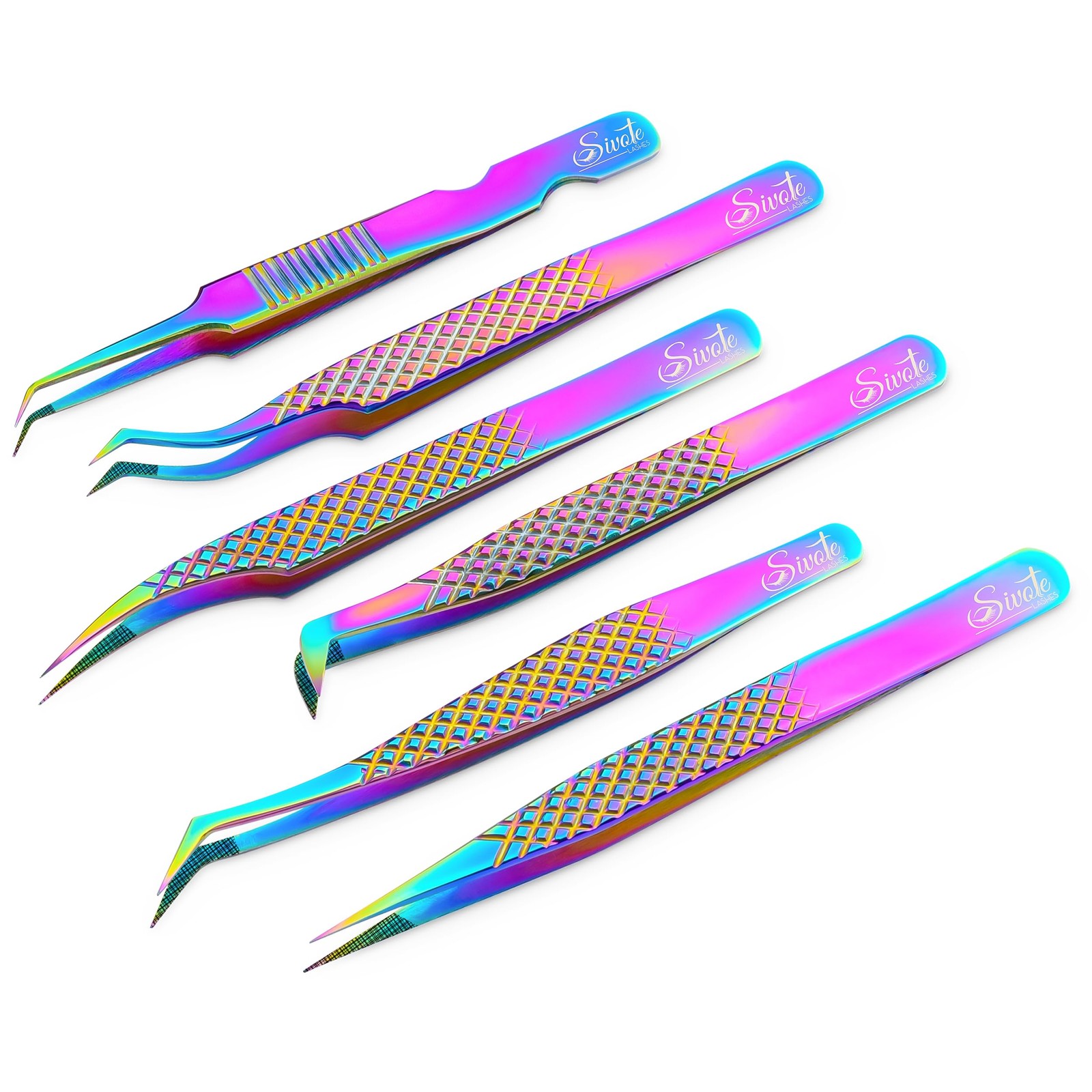 SIVOTE Eyelash Extension Tweezers Fiber Tips Japanese 6 Piece Set, Rainbow